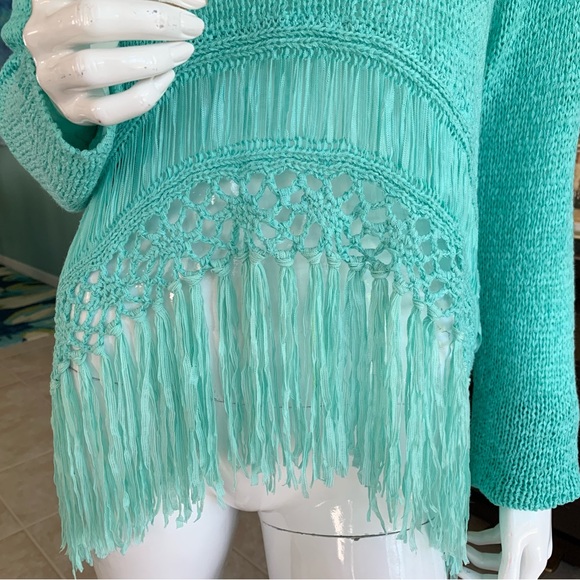 VENUS TURQUOISE KNIT SWEATER WITH CROCHETED FRINGE. WOMEN’S SIZE MEDIUM - Picture 6 of 9